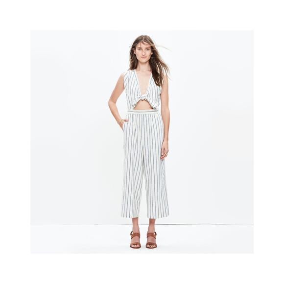 Madewell | Linen & Cotton Tie-Front Culotte Jumpsuit | Blue Ikat Stripe | Size 4 - Picture 1 of 10